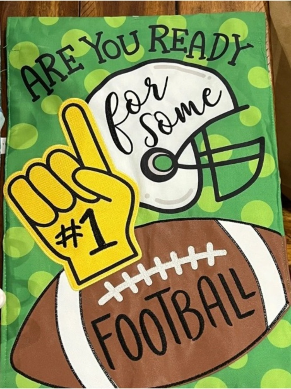 Green Football Decorative Garden Flag with Yellow Foam Finger Design